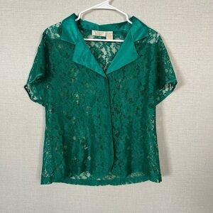 Victoria's Secret Vintage Green Lace Button Up Top‎ Women's Size Large